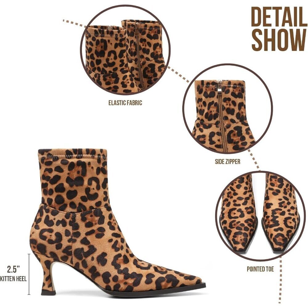 Women's Leopard Ankle Stiletto High Heel Pointed Toe Side Zipper Dress Boots - Picture 5 of 6